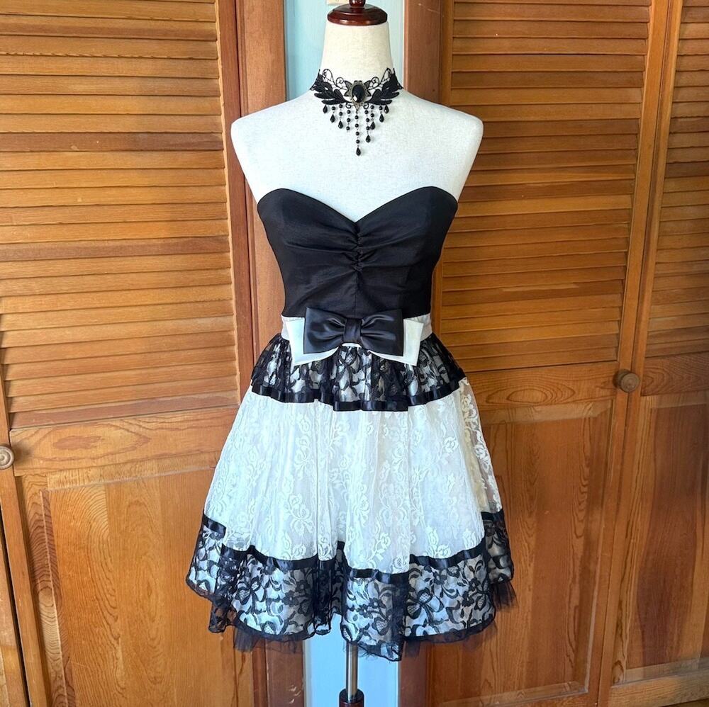 Vintage Jessica McClintock Gunne Sax Retro Ivory Black Bow Strapless Dress 11 M